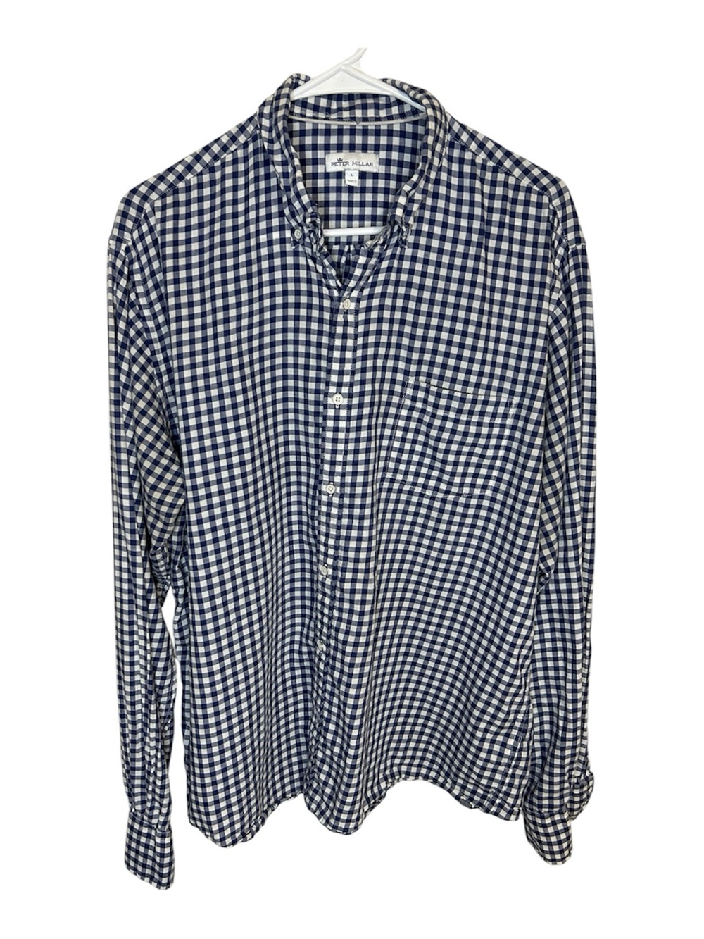 Peter Millar Men’s Large Blue White Gingham Check Long Sleeve Button Down Shirt